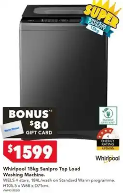 Harvey Norman Whirlpool 15kg Sanipro Top Load Washing Machine offer