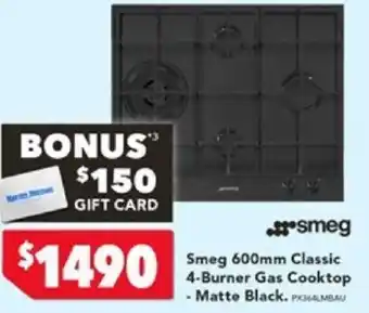 Harvey Norman Smeg 600mm Classic 4-Burner Gas Cooktop - Matte Black offer