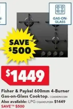 Harvey Norman Fisher & Paykel 600mm 4-Burner Gas-on-Glass Cooktop offer