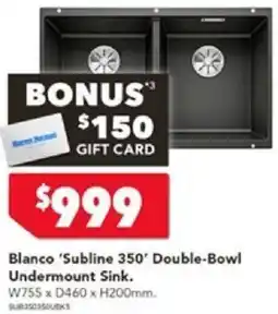 Harvey Norman Blanco 'Subline 350' Double-Bowl Undermount Sink offer