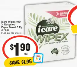 IGA icare Wipex 100 % Recycled Paper Towel 3 Ply 2 Pack offer