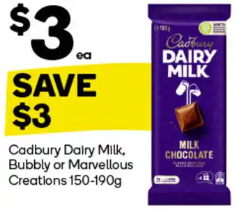 Woolworths Cadbury Dairy Milk, Bubbly or Marvellous Creations 150-190g offer