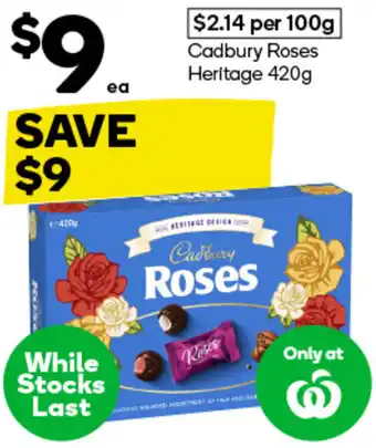 Woolworths Cadbury Roses Heritage 420g offer