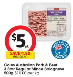 Coles Coles Australian Pork & Beef 3 Star Regular Mince Bolognese 500g offer