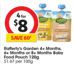 Coles Rafferty's Garden 4+ Months, 6+ Months or 8+ Months Baby Food Pouch 120g offer