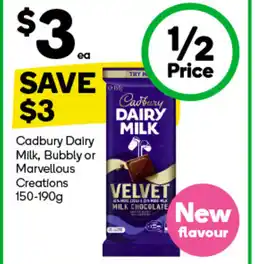 Woolworths Cadbury Dairy Milk, Bubbly or Marvellous Creations 150-190g offer