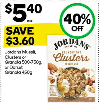 Woolworths Jordans Muesli, Clusters or Granola 500-750g, or Dorset Granola 450g offer