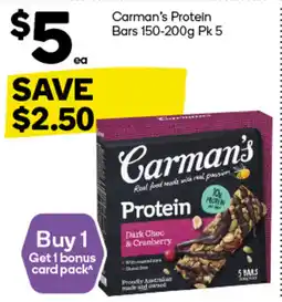 Woolworths Carman's Protein Bars 150-200g Pk 5 offer
