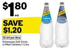 Woolworths Schweppes Soft Drinks or Mixer Varieties 1.1 Litre offer