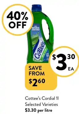 Foodworks Cottee's Cordial 1L Selected Varieties offer