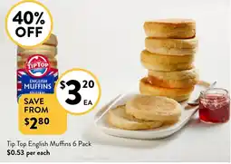 Foodworks Tip Top English Muffins 6 Pack offer