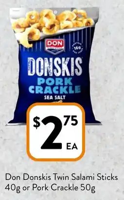 Foodworks Don Donskis Twin Salami Sticks 40g or Pork Crackle 50g offer