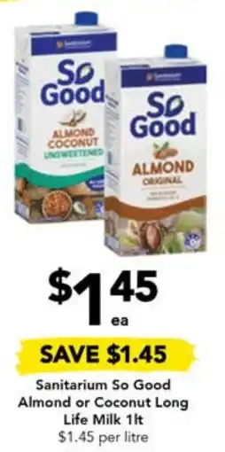 Drakes Sanitarium So Good Almond or Coconut Long Life Milk 1lt offer