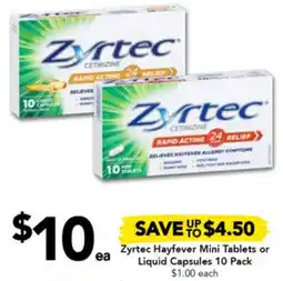Zyrtec Hayfever Mini Tablets or Liquid Capsules 10 Pack