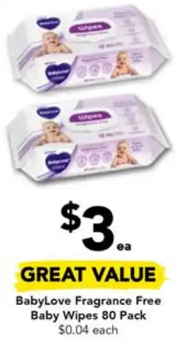 Drakes BabyLove Fragrance Free Baby Wipes 80 Pack offer