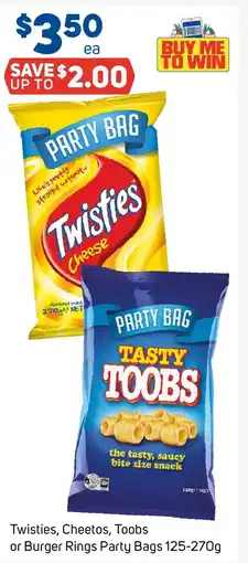 Foodland Twisties, Cheetos, Toobs or Burger Rings Party Bags offer