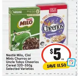 Ritchies Nestlé Milo, Cini Minis Churros or Uncle Tobys Cheerios offer