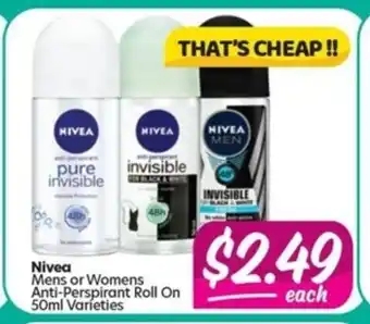 Your Discount Chemist Nivea Mens or Womens Anti-Perspirant Roll On 50ml Varieties offer