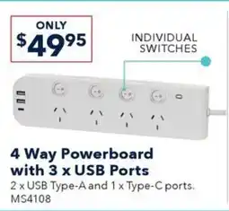 Jaycar Electronics 4 Way Powerboard with 3 x USB Ports offer