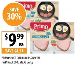 Supabarn Primo short cut rindless bacon twin pack offer