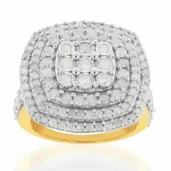 Shiels Sterling silver and 9ct yellow gold 2 carat diamond cushion shape cluster ring offer