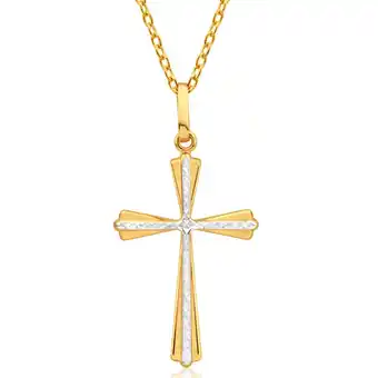 Shiels 9ct yellow gold cross pendant with two tone white accent offer