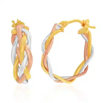 Shiels 9ct three tone gold fancy braided 3mm x 15mm hoops earrings offer