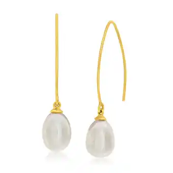 Shiels 9ct yellow gold fresh water pearl long drop earrings offer
