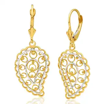Shiels 9ct yellow gold & white gold drop earrings filigree leaf design offer