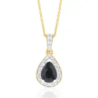 Shiels 9ct yellow gold 7x5mm natural sapphire pear halo pendant on 45cm chain offer