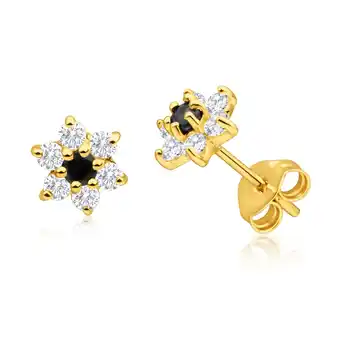 Shiels 9ct yellow gold cubic zirconia + natural sapphire flower stud earrings offer