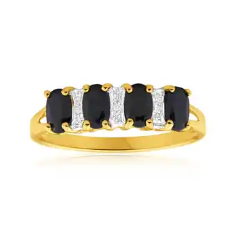 Shiels 9ct radiant yellow gold natural sapphire x4 and diamond x3 ring offer