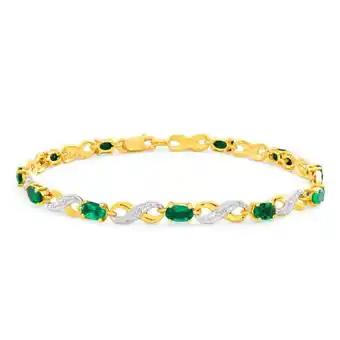 Shiels 9ct yellow gold created emerald and diamond 18cm infinity bracelet offer
