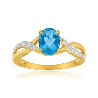 Shiels 9ct yellow gold blue topaz and diamond cross over ring offer