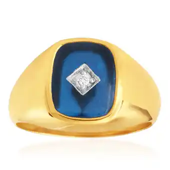 9ct yellow gold created blue spinel & diamond gents ring