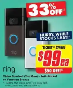 The Good Guys ring Video Doorbell (2nd Gen) - Satin Nickel or Venetian Bronze offer