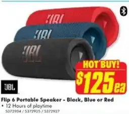 The Good Guys JBL Flip 6 Portable Speaker - Black, Blue or Red offer