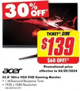 The Good Guys acer 23.8" Nitro VGO FHD Gaming Monitor offer