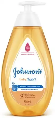 Johnson’s 3-in-1 Conditioning Baby Shampoo & Wash, Milk+Rice Bath or Aloe Vera & Vitamin E Oil 500mL