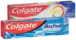 IGA Colgate MaxFresh, Advanced Whitening, Optic White or Total Premium Toothpaste 120‑200g, Toothbrush 2 Pack or Plax Mouthwash 1 offer