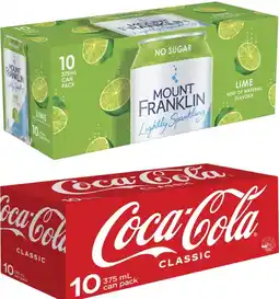 Coles Coca-Cola, Fanta or Sprite Soft Drink or Mt Franklin Lightly Sparkling Water 10x375mL offer