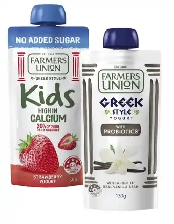 Coles Farmers Union Greek Style or No Added Sugar Yogurt Pouch 130g offer