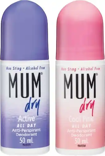 Woolworths Mum Dry Antiperspirant Deodorant Roll On 50ml offer