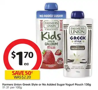 Coles Farmers Union Greek Style or No Added Sugar Yogurt Pouch offer