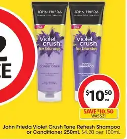 Coles John Frieda Violet Crush Tone Refresh Shampoo or Conditioner offer