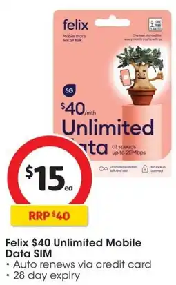 Coles Felix 40 Unlimited Mobile Data SIM offer