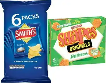 Coles Smith’s Chips 6 Pack 114g, Jumpy’s Snacks 5 Pack 90g, The Natural Chip Co. Potato Chips 175g or Arnott’s Shapes Crackers 160g offer