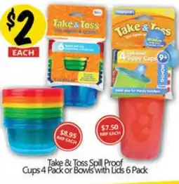 Take & Toss Spill Proof Cups 4 Pack or Bowls with Lids 6 Pack