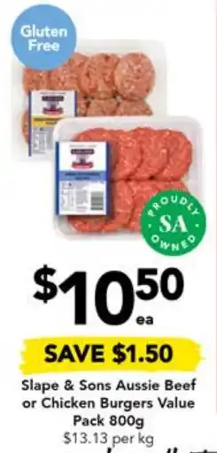 Drakes Slape & Sons Aussie Beef or Chicken Burgers Value Pack offer