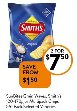 Foodworks SunBites Grain Waves, Smith's or Multipack Chips 5/6 Pack Selected Varieties offer